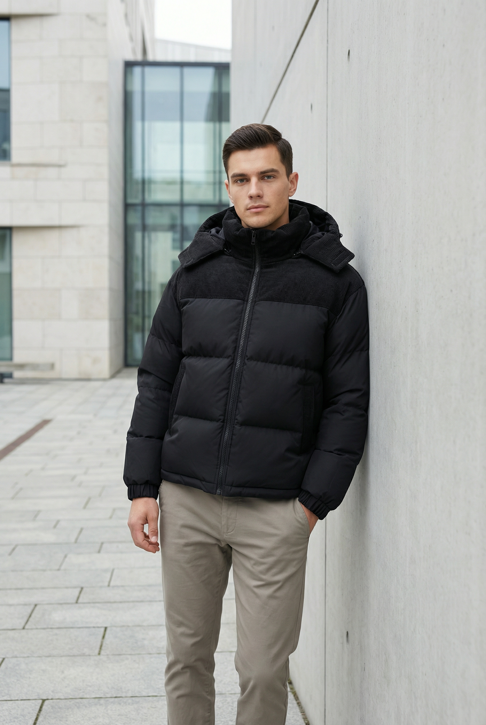 Mænds Vinterjakke Polyester Polstret Hætte Med Lynlås