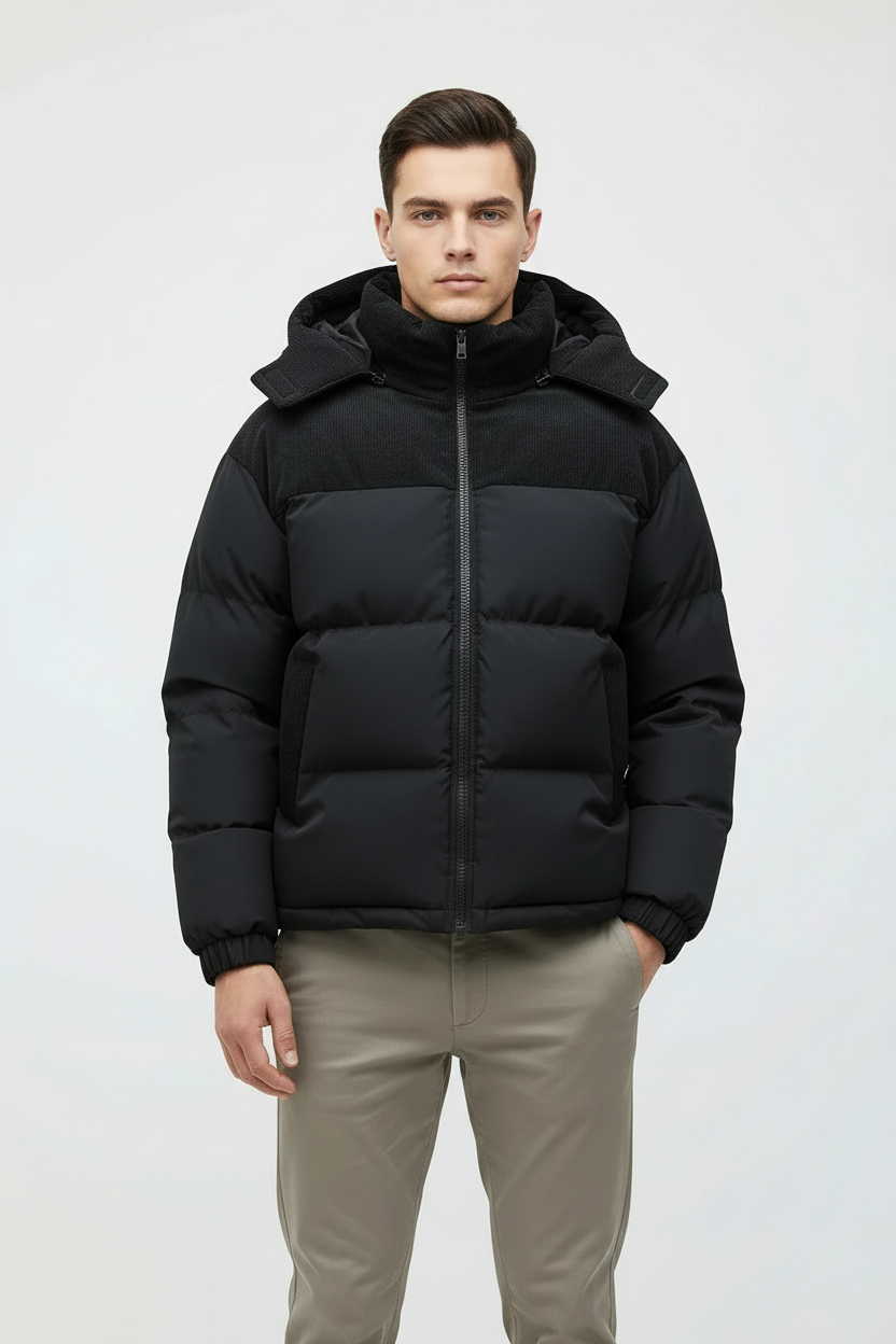 Mænds Vinterjakke Polyester Polstret Hætte Med Lynlås 1